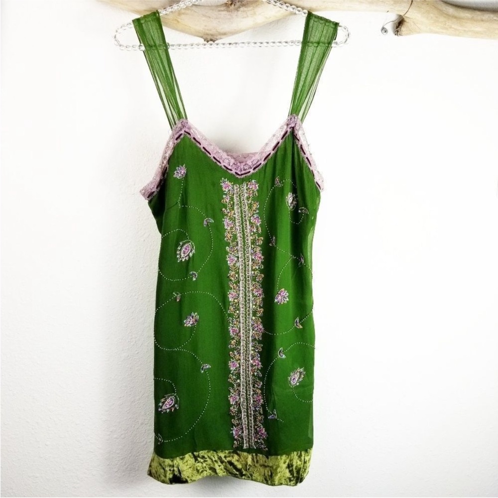Vintage Hale Bob Green Mini Slip Dress with Pink Lace Trim